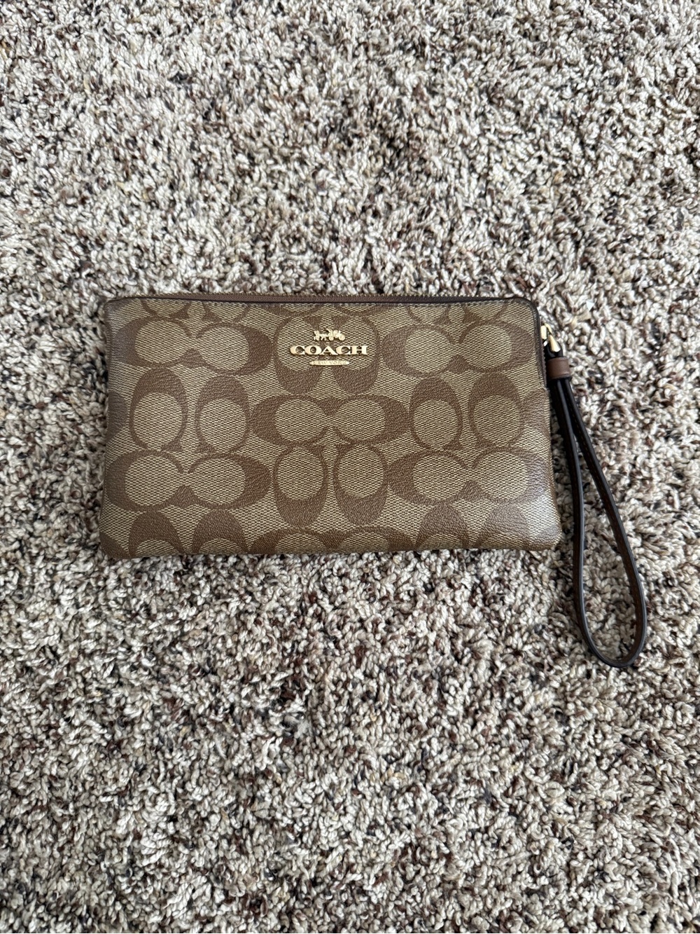 Coach Brown Signature Canvas Wristlet with Gold Logo